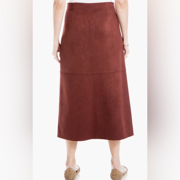 MAX STUDIO Faux Suede Leather Burgundy A-Line Midi Skirt - Picture 3 of 13